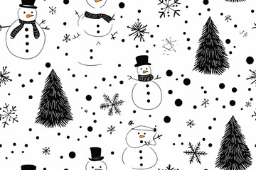 Fototapete - Snowmen, snowflakes, and pine trees, winter-themed doodle seamless pattern.