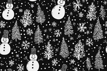Fototapete - Snowmen, snowflakes, and pine trees, winter-themed doodle seamless pattern.