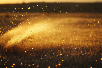 Poster - Golden hour dust explosion over a field of grass, illuminated by the setting sun.