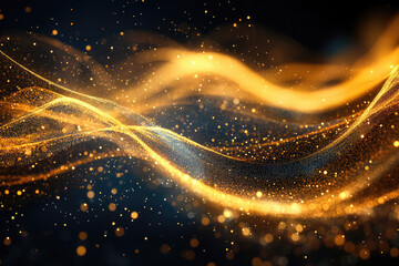 Poster - Golden particles flow like waves in a dark space, creating a mesmerizing abstract background.
