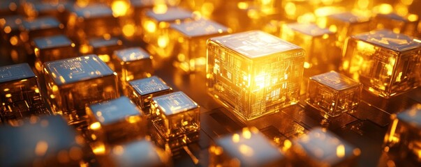 Poster - A shimmering array of glowing cubes, reflecting light and creating a warm, golden ambiance.