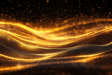 Poster - Abstract golden particles flowing like waves in a dark background, creating a luxurious and elegant visual effect.
