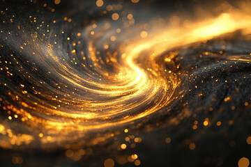 Poster - Abstract swirling golden energy, glittering particles, dark background, cosmic, luxurious.