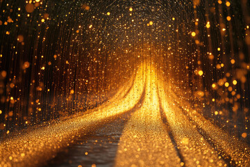 Poster - A glittering golden path, shimmering with light and bokeh, leads towards a bright radiant center.