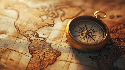 vintage compass resting on an old world map, with soft sunlight casting warm shadows.