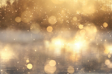 Poster - Golden bokeh lights shimmer on a tranquil lake, reflecting a magical, dreamy atmosphere.