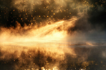 Aufkleber - Golden sunrise mist rising over a calm lake, illuminating the water with magical light and sparkling particles.