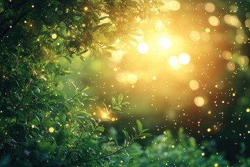 Aufkleber - Magical sunset scene in a lush forest with fireflies illuminating the leaves and creating a dreamy atmosphere.