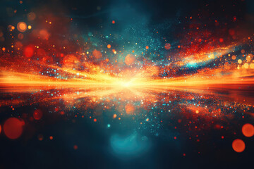 Poster - A vibrant cosmic landscape with swirling orange and teal hues, glittering particles, and a radiant central glow.