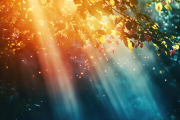 Poster - Sunbeams filtering through lush foliage, illuminating blossoms and creating a magical, ethereal atmosphere.