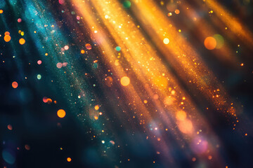 Poster - Vibrant golden and teal light rays with bokeh sparkles, creating a magical, festive atmosphere.