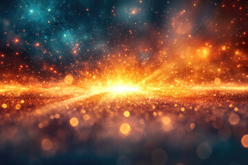 Poster - A cosmic explosion of golden and teal sparks, glittering dust, and vibrant light.