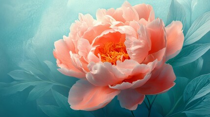 Wall Mural - Vibrant coral peony bloom with delicate petals captured against a soft blue background in a serene setting