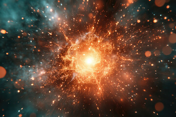 Poster - A vibrant cosmic explosion, radiating energy and light, with particles dispersing outwards in a mesmerizing display.