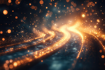 Poster - Golden light trails swirl across a dark background, creating a magical, ethereal, and abstract scene.