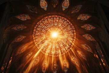Poster - sunbeams illuminate a stunning, ornate, circular stained-glass dome, creating a spiritual ambiance.