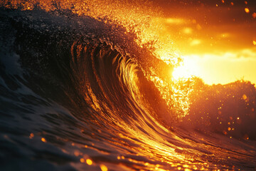 Poster - Golden sunset illuminates a powerful ocean wave, creating a breathtaking spectacle of nature's raw beauty.