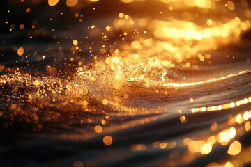 Poster - Golden sunlight reflecting on water, creating sparkling bokeh and small waves.