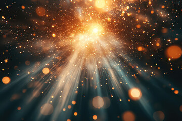 Poster - Golden light rays burst from a central point, illuminating a dark space with sparkling dust and bokeh effects.