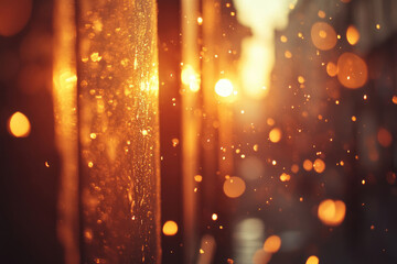 Poster - Golden hour bokeh effect with sunlit water droplets on a glass surface, creating a warm, magical atmosphere.