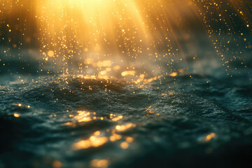 Poster - Golden sunlight beams down on a dark, textured surface, illuminating sparkling water droplets.