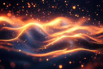 Aufkleber - Abstract fiery orange waves with glittering particles on dark background. Digital art, cosmic landscape.