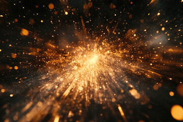 Poster - Golden burst of light, glittering particles radiating outwards in a dark background, resembling a cosmic explosion or firework display.