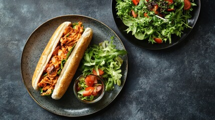 Wall Mural - Delicious Chicken Sandwich with Fresh Salad on a Dark Textured Background