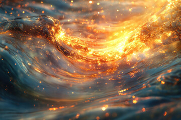 Poster - Golden wave with sparkling lights, magical and surreal underwater scene.