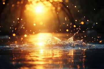 Poster - Golden sunset illuminating water droplets splashing on a serene lake, creating a magical scene.