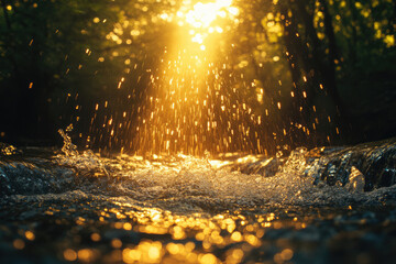 Poster - Golden sunlight illuminates splashing water in a forest stream, creating a magical, serene scene.