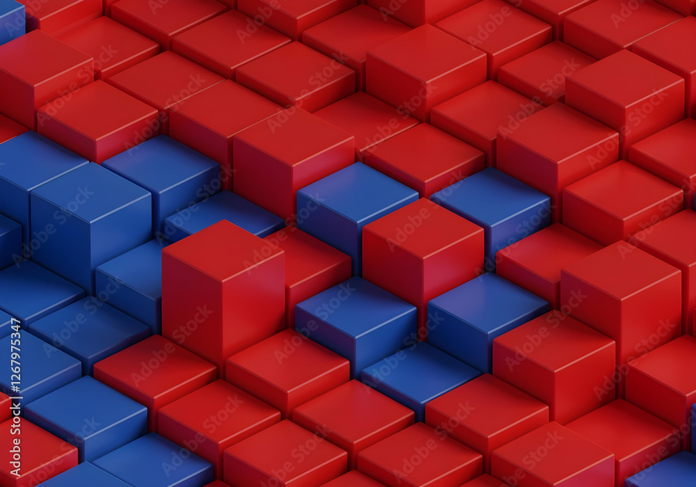 Abstract 3D geometric background with red and blue cubes in varying ...