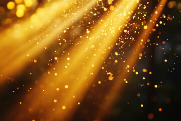 Poster - Golden light rays illuminate a dark background, sparkling with glittering dust and bokeh.