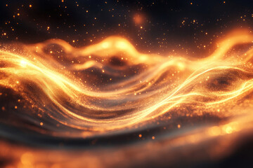 Poster - Abstract golden waves with glittering particles flow dynamically in dark space.  A mesmerizing digital art piece.