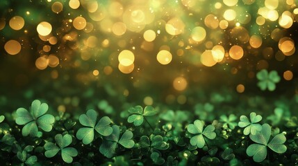 Wall Mural - Close-up view of clover leaves sparkling under golden light in a lush, vibrant setting