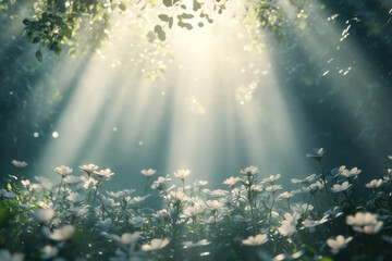 Aufkleber - Sunbeams illuminate a serene forest clearing, where delicate white flowers bloom in a mystical atmosphere.