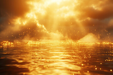 Poster - Golden sunset reflecting on calm water, glittering with magical particles.