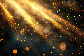 Poster - Golden glitter particles floating in dark space, illuminated by bright beams of light, creating a magical, luxurious feel.