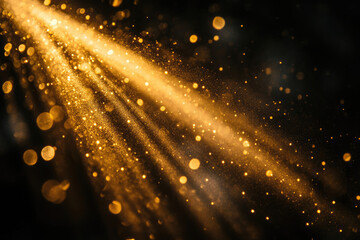 Poster - Golden light rays illuminating a dark background with glittering particles and bokeh effects.