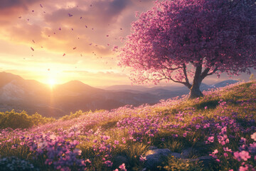 Poster - Serene sunset over a hill, pink blossoms falling from a tree onto a field of wildflowers.