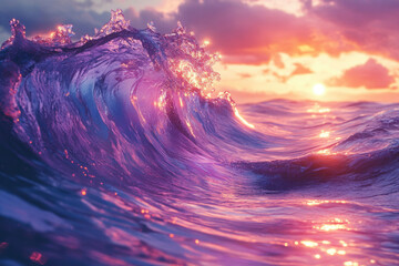 Poster - A vibrant, purple-hued wave crests at sunset, reflecting golden light, a breathtaking ocean scene.