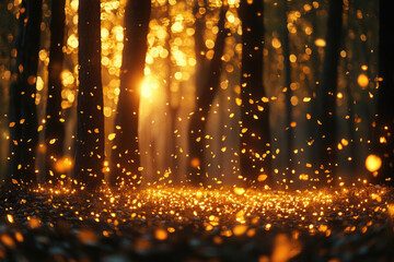 Aufkleber - Golden autumn leaves fall in a magical forest at sunset, creating a breathtaking scene.