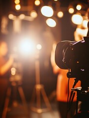 Aufkleber - Cinematic blurred action with actors and warm tones during an outdoor night filming. Generative AI