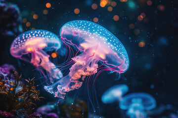Poster - Two bioluminescent jellyfish gracefully float in a dark ocean, glowing with pink and blue hues.