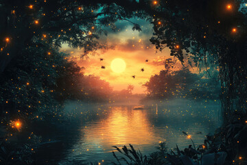 Poster - Magical sunset over a serene lake, fireflies illuminating the twilight forest.