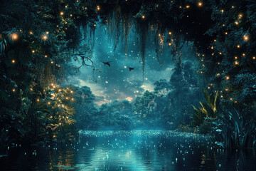 Aufkleber - Enchanted night scene: tranquil lagoon in a mystical forest glowing with fireflies, two creatures flying above.