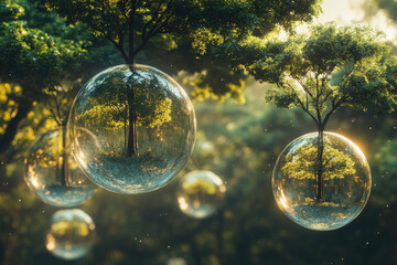 Poster - Enchanted forest scene with trees encased in transparent orbs, creating a magical, surreal atmosphere.