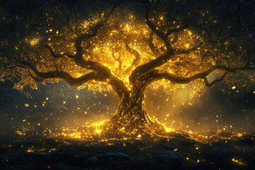 Poster - A majestic ancient tree glows with golden light, magical fireflies dance around it in a dark forest.