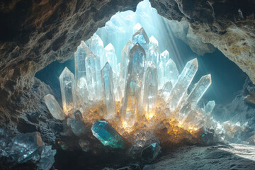 Poster - A breathtaking cave filled with luminous quartz crystals, illuminated by sunlight filtering through the cave opening.