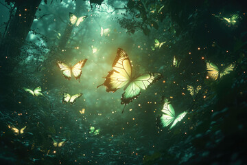 Aufkleber - Glowing butterflies flutter through an enchanted forest at night, creating a magical scene.